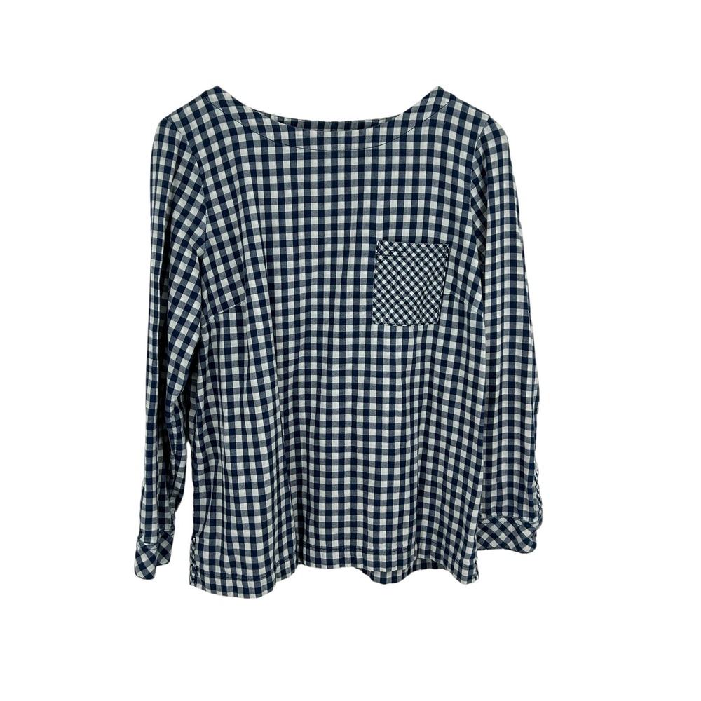 J.Jill Gingham Button Back Top Navy Blue White‎ Cotton Long Sleeve Size Medium
